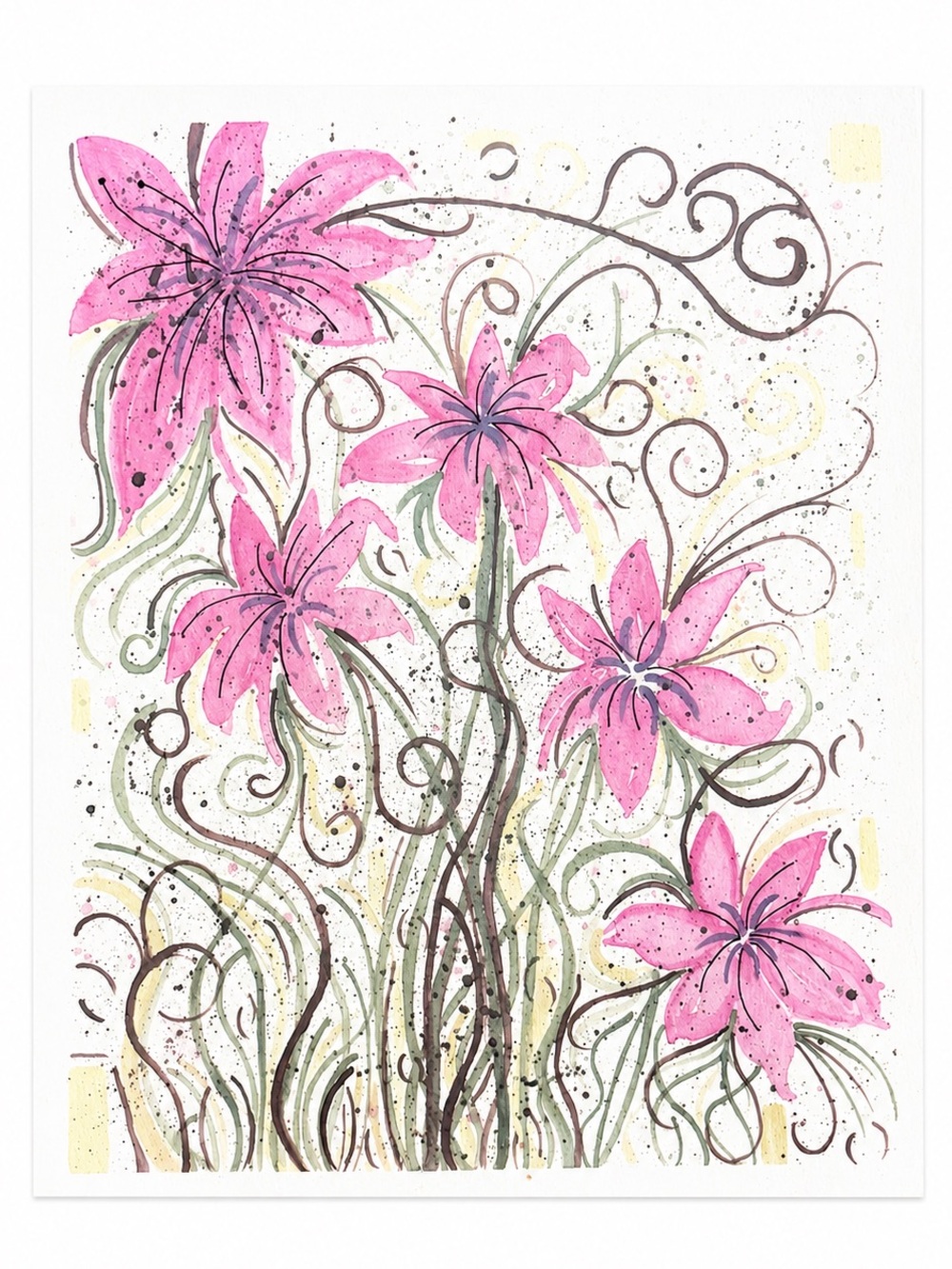 Original Pink Lily Floral Artwork Handmade Watercolor Style Drawing WhimsicalArt